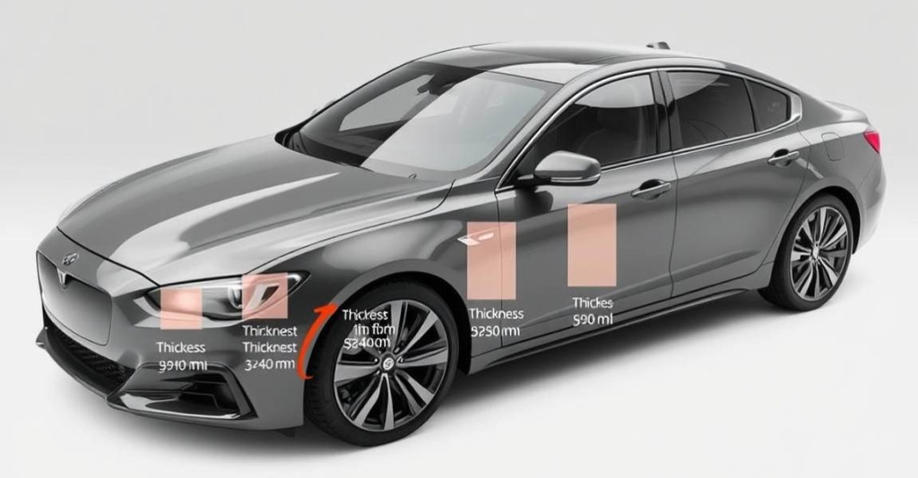 car with different paint protection film thickness samples