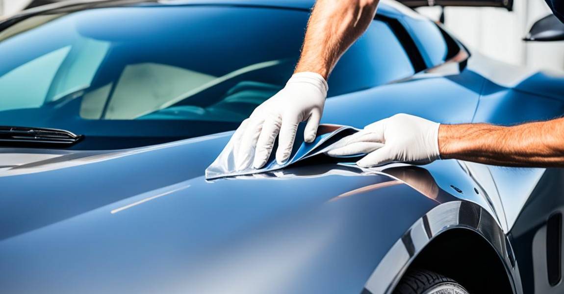 hands applying sheet of paint protection film to sports car