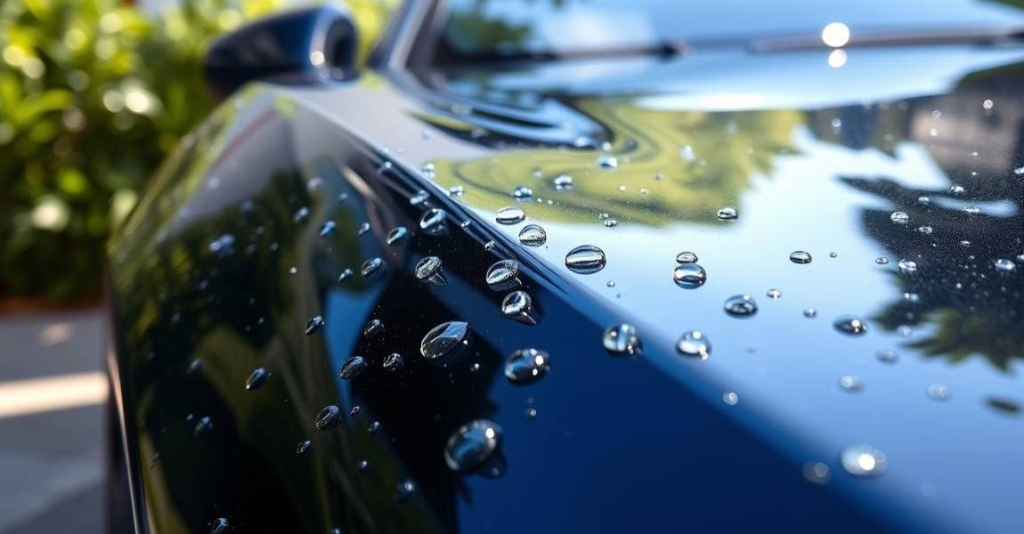 Ceramic coating applied to car surface, droplets of water on glossy finish