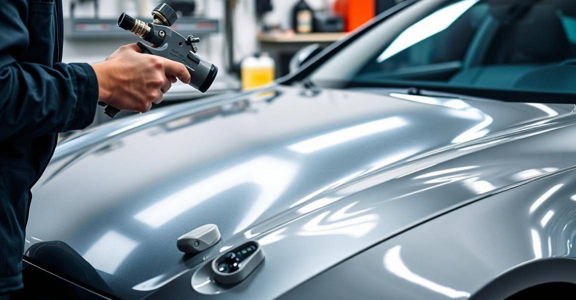 skilled technician applying glossy ceramic coating on car hood