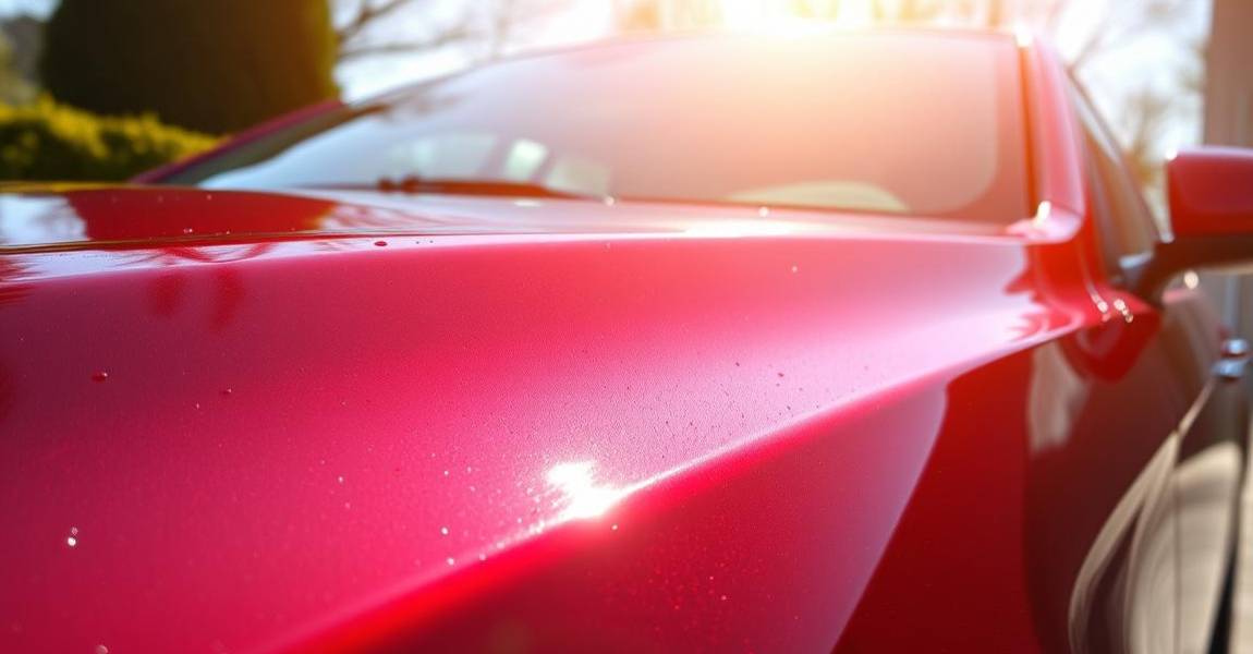 freshly ceramic coated red car in spring time sunlight